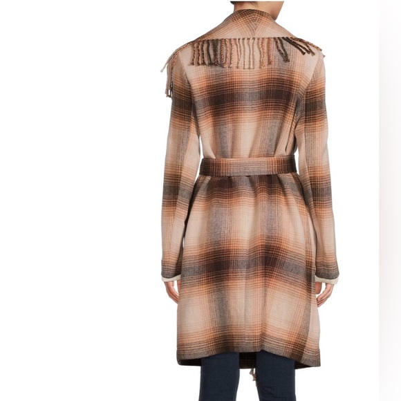 ELIE TAHARI BROWN TAN PLAID FRINGE
EDGE OPEN FRONT COAT WITH BELT LARGE - Picture 2 of 8